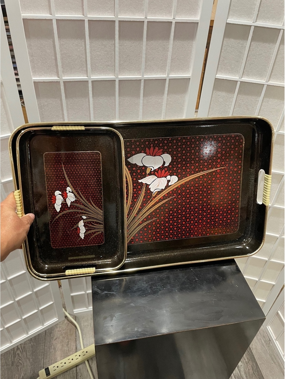 Vintage Set of 2 Black Lacquer Japanese Serving Trays